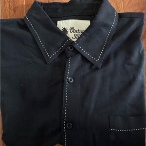 Vintage Silk Black Button-Down Shirt with White Stitching Mens Sz XL
